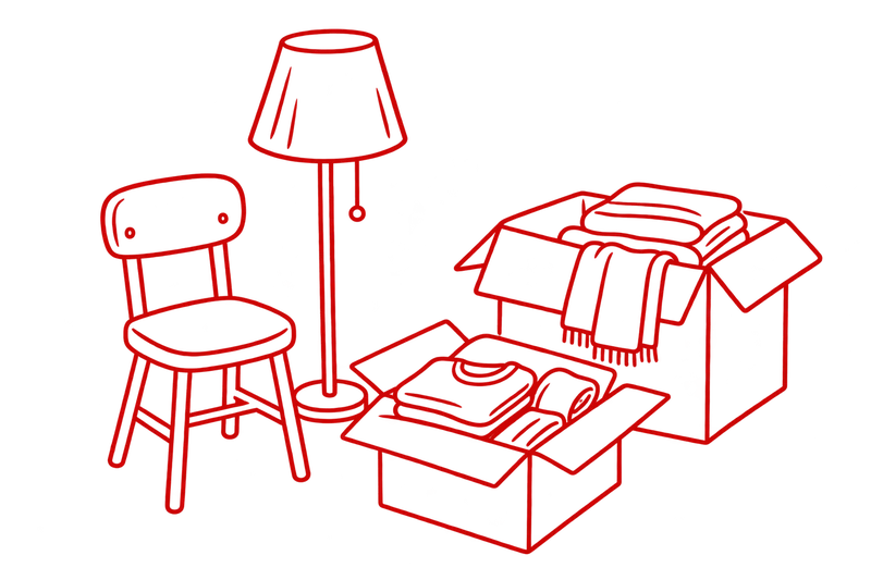 Červená ilustrace židle, lampy, krabice a oblečení pro materiální pomoc.