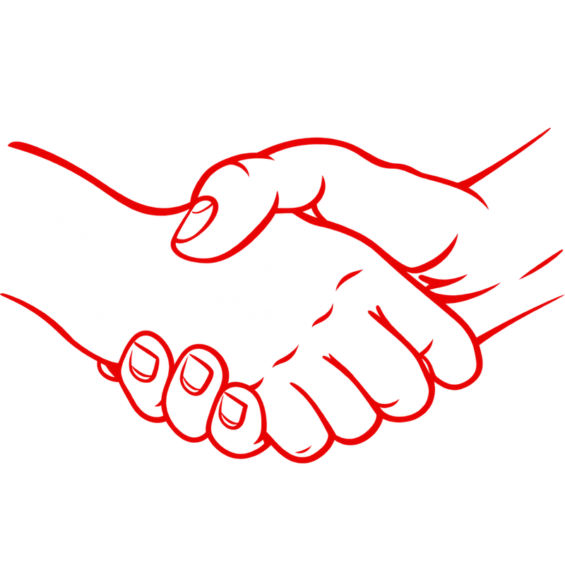 Červená ilustrace podaných rukou, symbol pomoci a spolupráce.