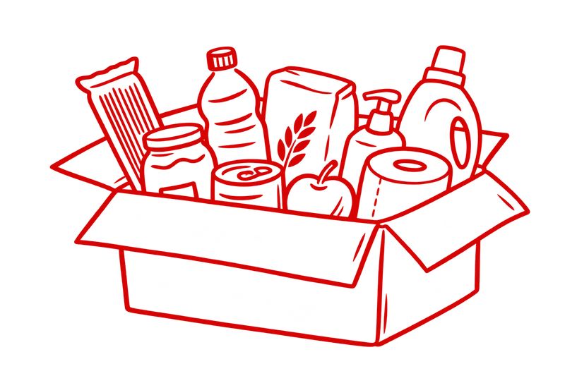 Červená ilustrace krabice s potravinami a drogerií.