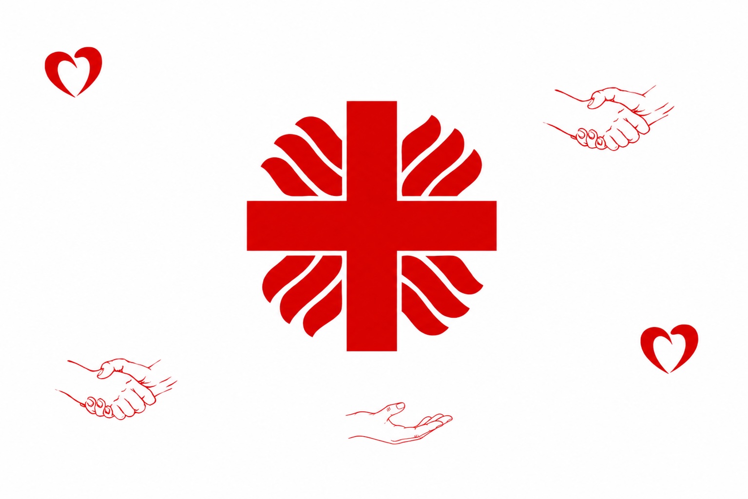 Červené symboly Charity – kříž, srdce a podané ruce na bílém pozadí.